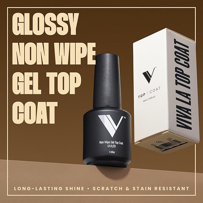 V Beauty Pure No Wipe Gel Top Coat - Long Lasting UV Top Coat Gel Nail Polish, Scratch and Stain Resistant, Durable, Non Yellowing, No Sticky Layer, Glossy - For Manicure & Pedicure - 15ml