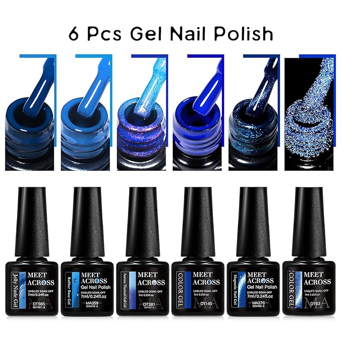 MEET ACROSS Gel Nail Polish Set 6 Pcs Glitter Colors Gel Nail Kit Art Design Soak Off UV LED (SET-11, 6pcs)