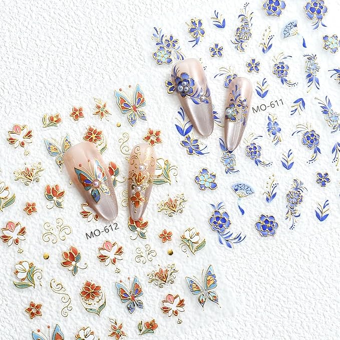 3 Sheet Flower Nail Art Stickers Decals 5D Embossed Self- Adhesive Blue Red Flowers Nail Stickers Gold Floral Nail Decals Supplies for Women DIY Manicure Accessories