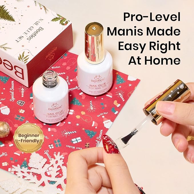 Beetles 9 In 1 Gel Nail Glue Kit, 2Pcs 15ml Christmas UV Nail Glue for Acrylic Nail Tips, Super Strong Brush for Base Coat, Christmas Gift for Women, UV LED Light Required