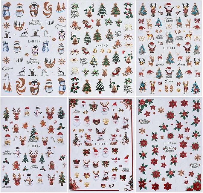 Christmas Nail Art Stickers Decals Santa Claus Christmas Tree 3D Self-Adhesive Xmas Nail Decals Nail Art Supplies 6PCS Gingerbread Man Bell Elk Penguins Design Holiday Nail Stickers for Women Girls