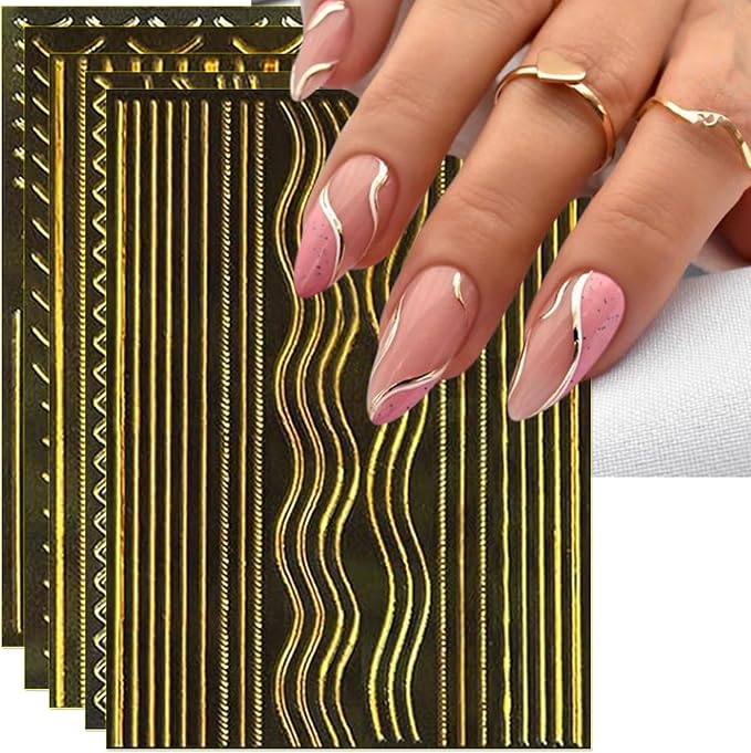 12 Sheets Gold Line Nail Art Stickers - French Smile Waves Strip Self-Adhesive Nail Decals for DIY Geometric Manicure