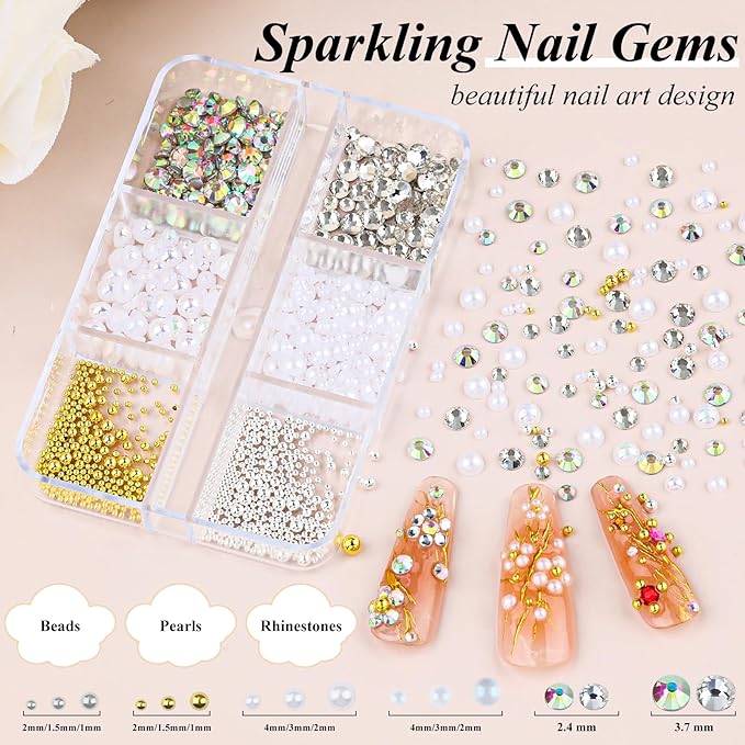 4 Boxes 3D Flower Nail Charms and Gems - White Nail Flower Charms Crystal AB Clear Gemstones Silver/Gold Caviar Beads White/AB Pearls for Women DIY Manicure Crafts (17-S4-White)