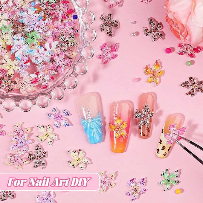300Pcs Flower Nail Charms Kit, 100Pcs 3D Hawaii Flowers and 100Pcs Nail Pearls with 100Pcs Macaron Beads, Colorful Hibiscus Floral Charms Tiny Gems Round Beads for Nails Designs DIY Crafts