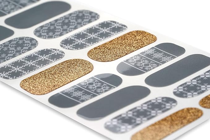| 20 Exquisite Gel Nail Polish Strips w/Application Accessories - No UV/LED Lamp Required (Holiday | Knitted Gray & Gold Glitter)