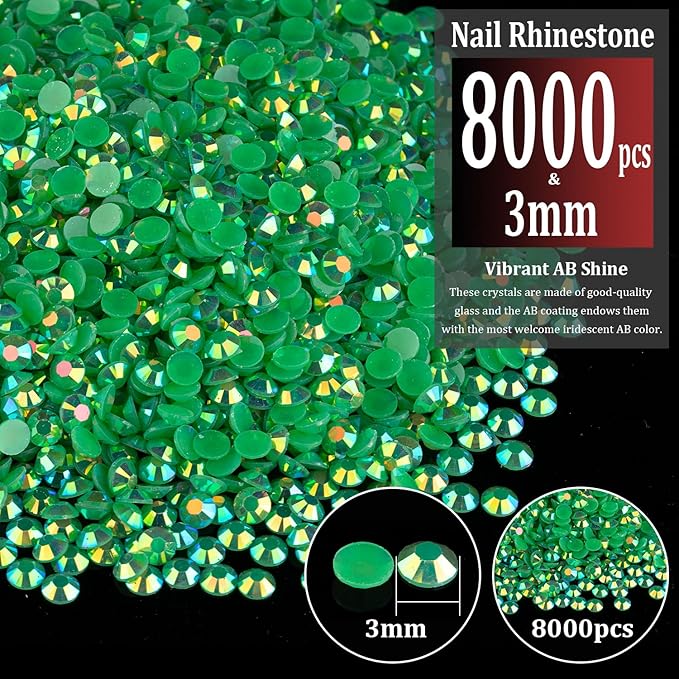 8000pcs 3mm Resin Rhinestones Bulk, Dark Green AB Flatback Round Jelly Rhinestones Bedazzling Non Hotfix Crystal Gems Large Quantity Wholesale for DIY Crafts Clothes Tumblers Face Makeup Manicure