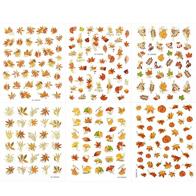 Fall Gold Maple Leaves Nail Stickers 3D Self-Adhesive Nail Art Stickers Decals with Gold Leaves Fox Design Autumn Nail Stickers for Nail Art Pumpkin Thanksgiving for Women Nails Art Decor