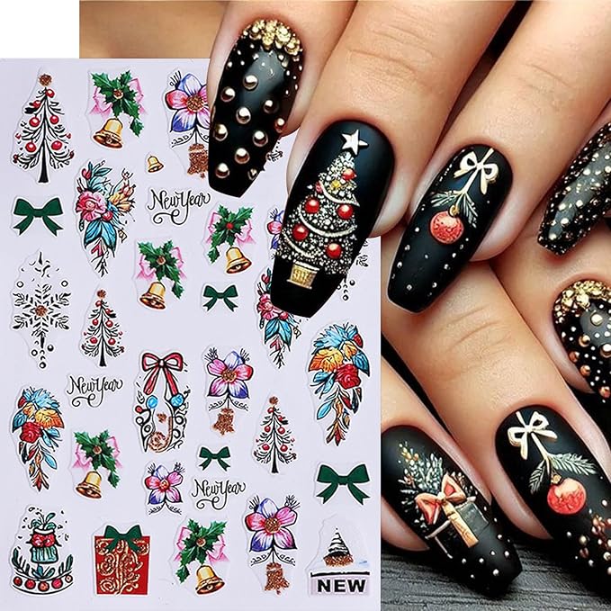 6 Pcs Christmas Nail Art Stickers 3D Self-Adhesive Colorful Light String Design Nail Decals Gold Glitter Christmas Tree Snowball Elk Holly Leaf Nail Supplies DIY Christmas Nail Decoration for Women