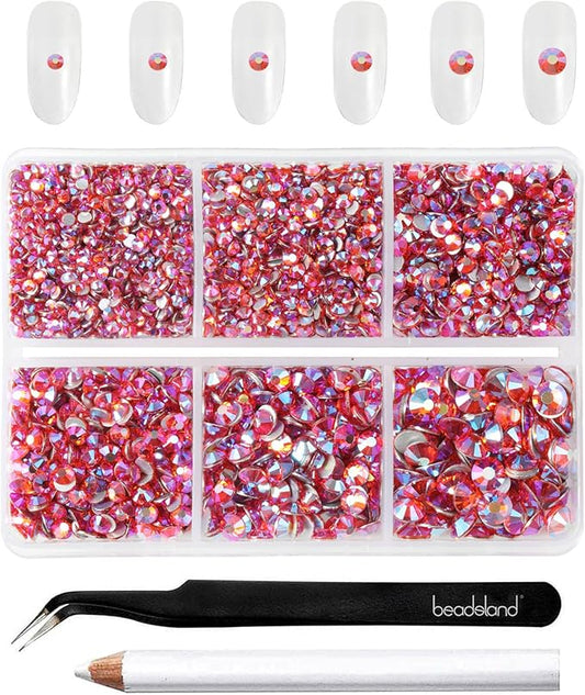 Beadsland 4300pcs Flatback Rhinestones,Orange AB Rhinestone Nail Gems Round Crystal Rhinestones for Crafts, Mixed 6 Sizes with Picking Tweezers and Wax Pencil Kit, SS6-SS20, Hyacinth AB