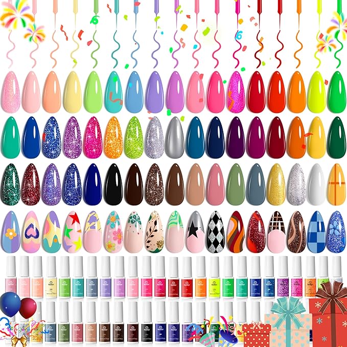 Beetles Gel Polish Liner Nail Art Set, 50 Colors Spring Summer Reflective Glitter Pink Red Blue Green Silver Gel Polish Soak Off UV Built Thin Brush in Bottle Nail Design Polish Rainbow Nails
