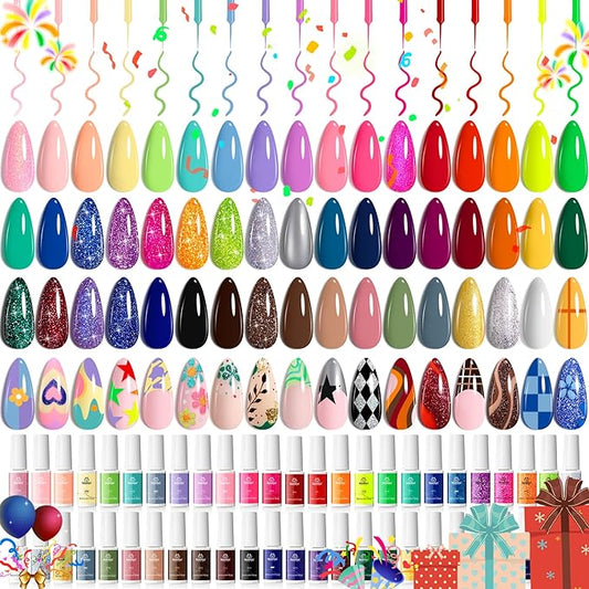 Beetles Gel Polish Liner Nail Art Set, 50 Colors Spring Summer Reflective Glitter Pink Red Blue Green Silver Gel Polish Soak Off UV Built Thin Brush in Bottle Nail Design Polish Rainbow Nails