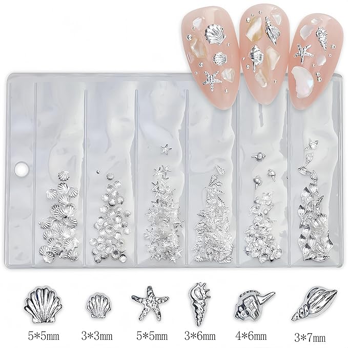 400Pcs Alloy Gold Silver Shell Starfish Nail Charms 3D Ocean Theme Nail Rhinestones Metal Beach Starfish Conch Seashell Nail Nails Gems Crystal Nail Jewels Supplies for Women DIY Manicure Accessories