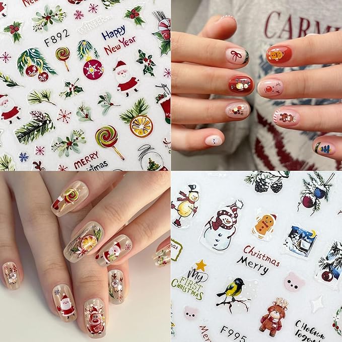 5 Sheet Christmas Nail Art Stickers with Santa Claus Snowflake Elk Deer Snowman Xmas Tree Design Manicure Decal Winter Cartoon Nail Decals Nail Art DIY Decor Supplies for Women