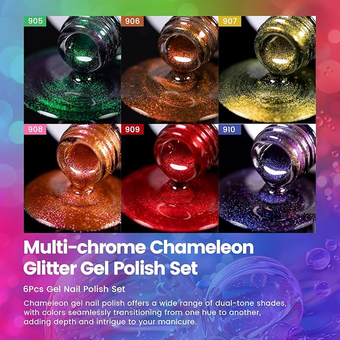 RARJSM Chameleon Gel Nail Polish Set 6pcs Multichrome Gradient Color Changing Orange Blue Purple Red Green Shimmer Glitter GelPolish Curing Requires Soak Off Sparkle Chrome Nail Gel Varnish 7.5ml
