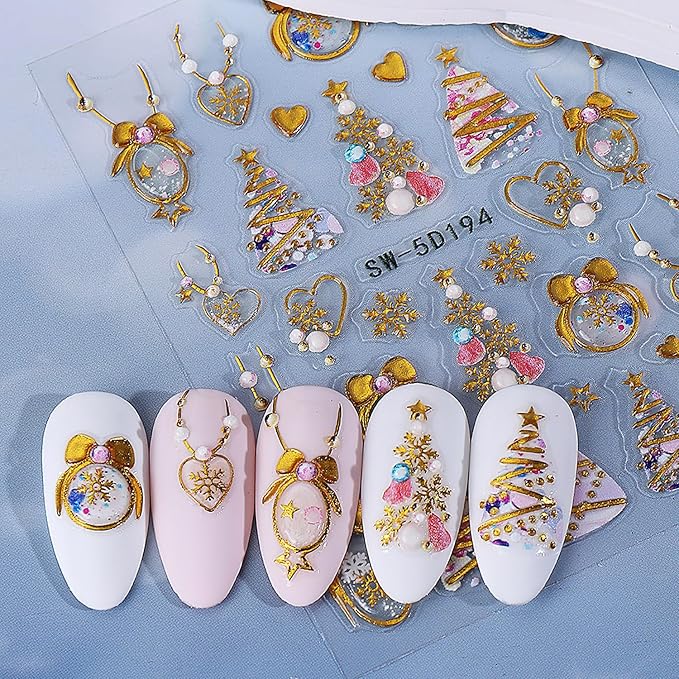 2 Sheets Christmas Nail Stickers for Nail Art Gold Snowflake Ball Nail Art Stickers Embossed Snow Christmas Tree Nail Decals 5D Self-Adhesive New Year Red Bow Xmas Wreath Nail Design Decals for Women