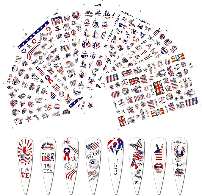 Patriotic 4th of July Nail Art Decals - 8 Sheets 3D Self-Adhesive Nail Stickers for Women