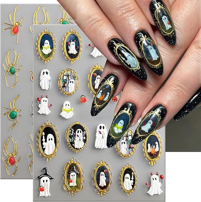 2Pcs Retro Halloween Nail Stickers Spider Web Decals for Nail Art Pumpkin Ghost Nail Design 5D Embossed Spider Nails Supplies Ghost Mirrors Nails Acrylic Accessories for Women DIY Manicure Decoration