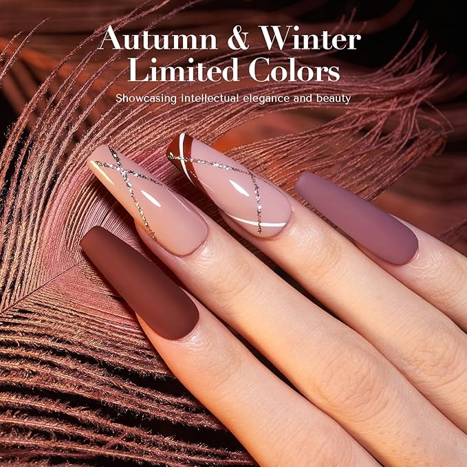 AZUREBEAUTY Dip Powder Nail Kit, 4 Colors Nude Dark Brown with Dried Flower Set, Fall Winter Natural Dipping Powder Starter Liquid Set Recycling Tray with Base & Top Coat Activator ﻿