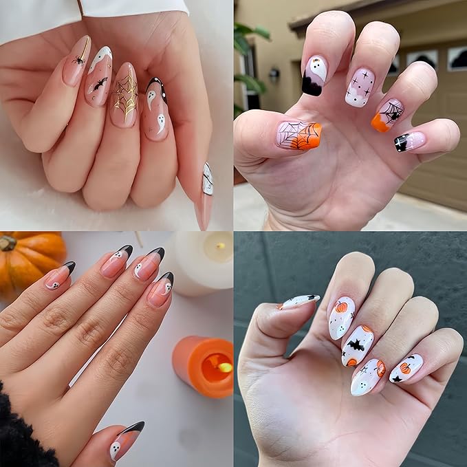 6 Pcs Halloween Nail Art Stickers Cute Ghost Pumpkin 3D Self-Adhesive Nail Decals Scary Bat Black Cat Spider Web Pattern Nail Decals for Women Girls DIY Nail Designs Supplies for Halloween Party