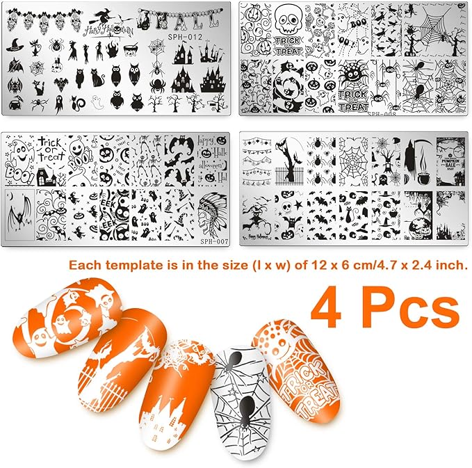 Whaline 4 Pieces Halloween Nail Art Plates Image Stamp Templates Stamping Kit DIY Print Manicure Salon Design