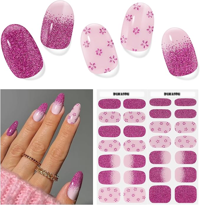 Semi Cured Gel Nail Strips | 28 pcs Gel Nails Strips for Women Work with Any UV Lamp, UV Nail Stickers for Women Home DIY Nails Art (Tiny Flower)