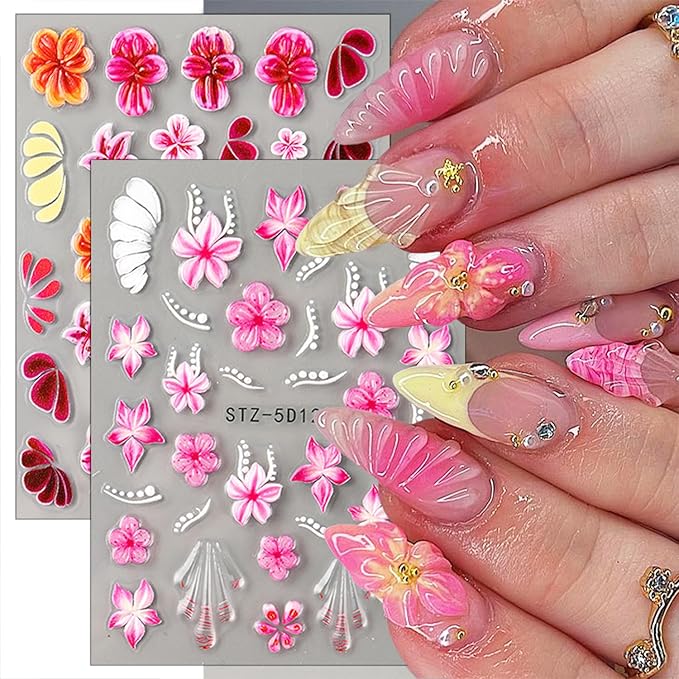 2 Sheets Flower Nail Stickers for Nail Art 5D Embossed Cherry Blossom Nail Decals Self-Adhesive Summer Hibiscus Flowers Nail Art Stickers Pink Floral Designs Nail Decal for Women Nail Decoration
