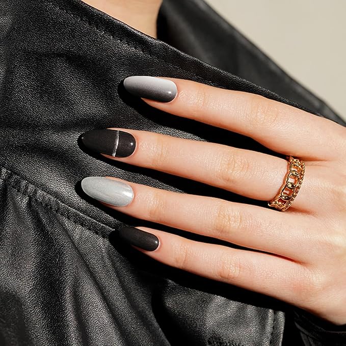Semi Cured Gel Nail Strips, 20pcs Phantom Black Grey Gel Nail Stickers - Works with Any UV Lamps, Long Lasting Full Wraps, Easy to Apply and Remove