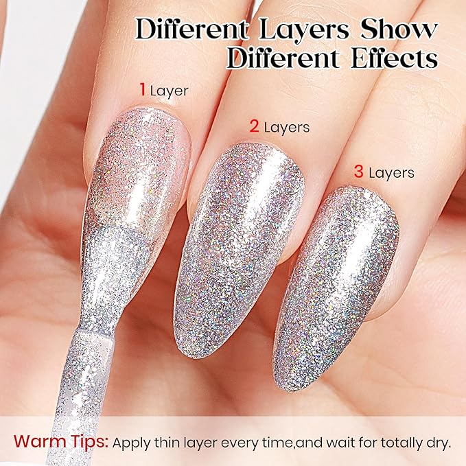 MIZHSE Quick Dry Glitter Nail Polish, Siver Rainbow Nail Polish Air Dry Fast, 15ml High Glossy Sparkly Shiny Shimmery Iridescent Silver Nail Art Salon Manicure Home