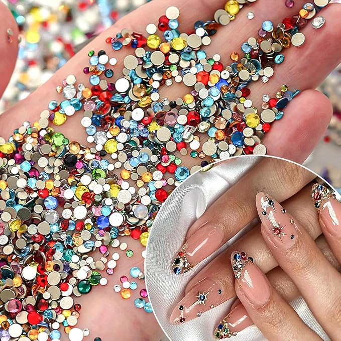 1140Pcs Colorful Rhinestones Nail Charms,3D Sparkling Flat Back Nail Rhinestones Mini Nail Gems for Acrylic Crystals Half Rounded Nail Diamonds Bling Nail Jewelry Accessories DIY Glitter for Crafts