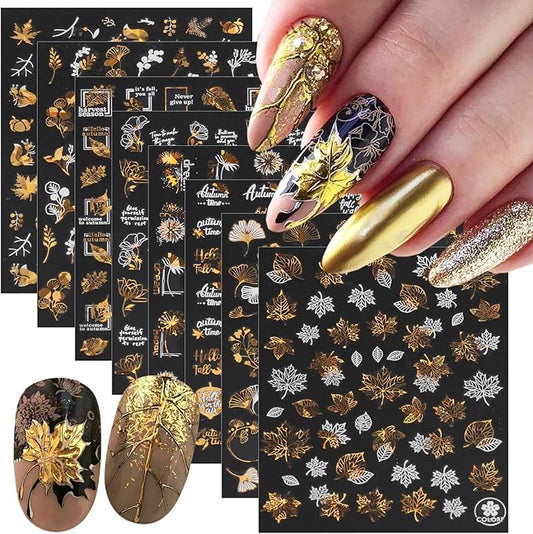 8 Sheets Bronzing Fall Nail Art Stickers Decals 3D Self-Adhesive Laser Gold White Leaves Flowers Nail Decals Autumn Maple Leaf Nails Design Stickers Thanksgiving Nail Art Supplies for Women