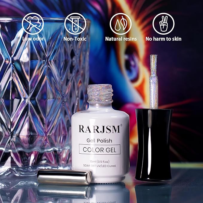 RARJSM Holographic Rainbow Cat Eye Gel Nail Polish with Magnet Stick Clear Silver Iridescent Glitter Sparkle 9D Cat Eye Gel Polish Soak off UV LED Curing Requires Soak Off Home Salon Diy Nail Art