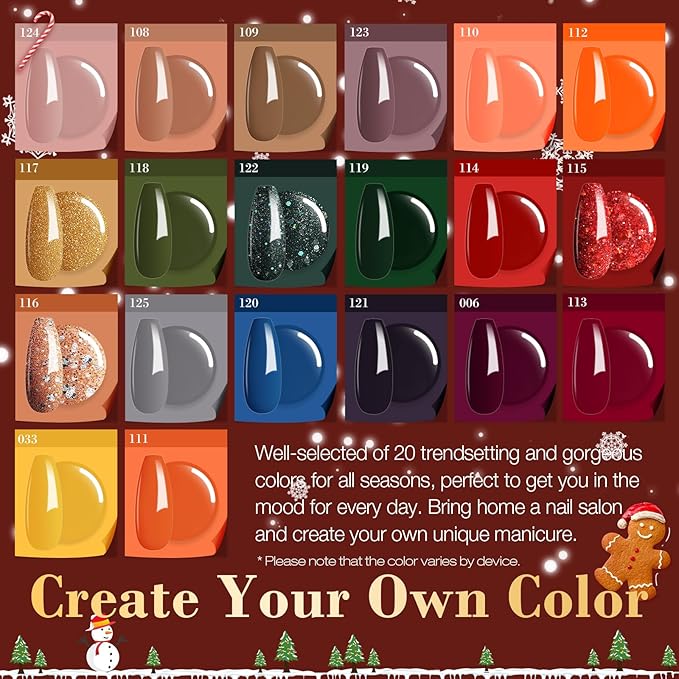 AZUREBEAUTY Dip Powder Nail Kit Starter Fall Autumn Orange Green Glitter Red 20 Colors Acrylic Dipping Powder Liquid Set with Base/Top Coat for French Nails Art Manicure Beginner DIY Salon Home