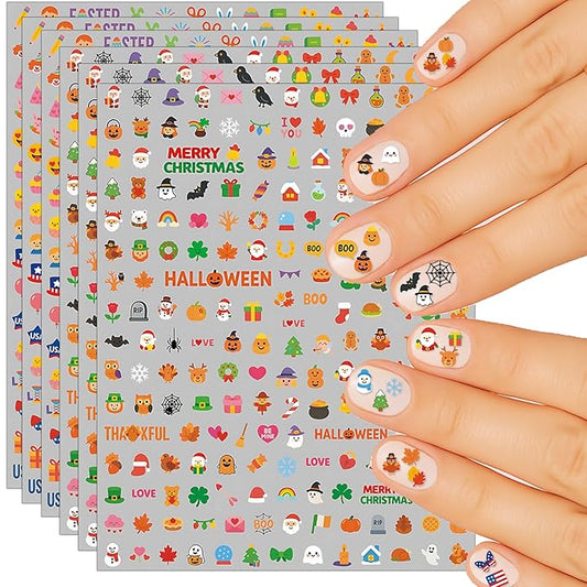 Mini Nail Stickers for Kids - 1200 Pcs All Holiday Favors for Little Girl, 11 Holidays 3D Cute Halloween, Christmas Designs - DIY Home Nail Art Decals for Toddler Easter Basket (6 Sheets)