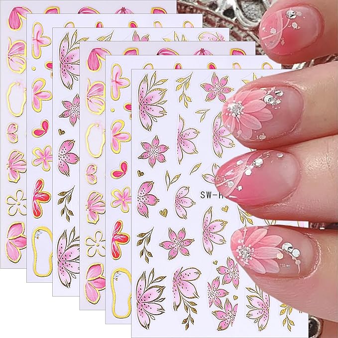 6Pcs Cherry Blossom Nail Art Sticker Decals Gold French Line Design Floral Stickers Flower Nail Stickers Peach Blossom Nails Decals Cute Manicure Decoration for Women DIY Spring Nails Supplies Charms