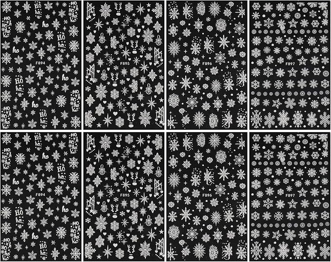 JMEOWIO 8 Sheets Christmas Glitter Nail Art Stickers Decals Self-Adhesive Pegatinas Uñas White Snowflake Xmas Winter Holiday Cute Nail Supplies Nail Art Design Decoration Accessories