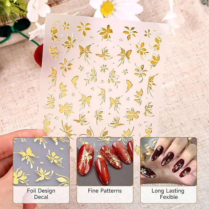 Gold Flower Nail Stickers for Nail Art, Nail Stickers Decals 3D Self Adhesive Floral Nails Sticker for Women Nails Art Sticker Decoration