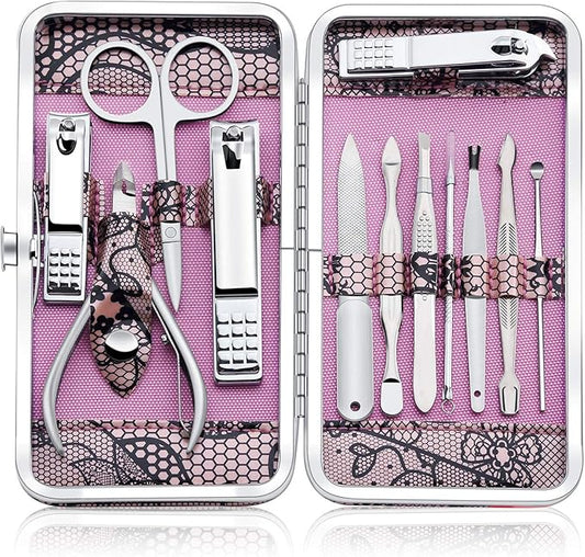 Manicure Set Professional Nail Clippers Kit Pedicure Care Tools- Stainless Steel Grooming Kit 12Pcs for Travel or Home (Pink)