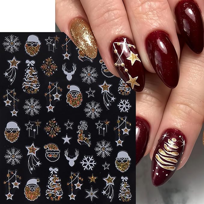 9 Sheets New Year Nail Stickers 3D Self-Adhesive Santa Claus Christmas Snowflake Nail Decals Elk Bow Xmas Tree Snowball Nail Art Stickers Butterfly Star Nail Decoration Supplies for Women Nail Designs