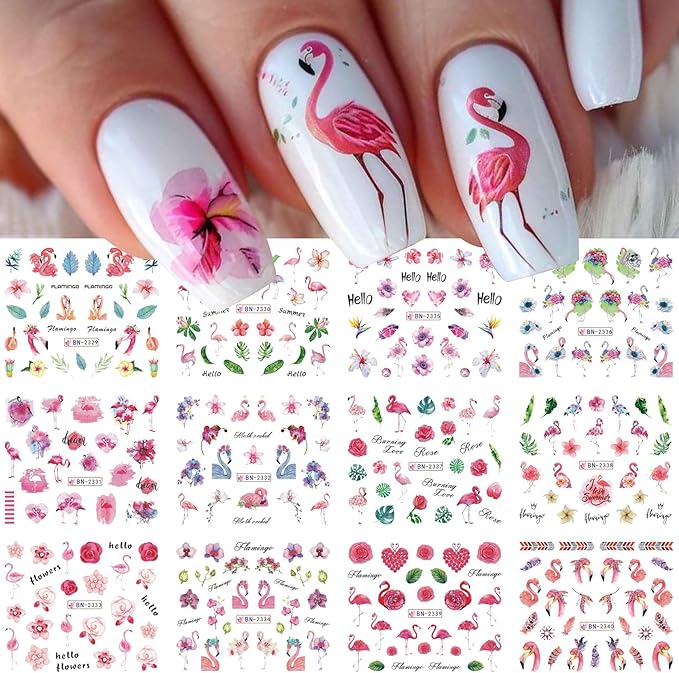 Flamingo Nail Water Decals Stickers 48 Designs Tropical Summer Nail Art Stickers DIY Watermark Fingernails Supply Colorful Flower Leaves Coconut Tree Nail Art Decoration Manicure Accessories 4 Sheets
