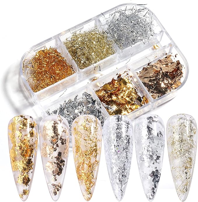 Nail Art Foil Glitter Flakes, Holographic Ultra-Thin Aluminum Foil Sequins Design, Metallic 3D Sparkly Nail Foils Acrylic Supplies for Women Girls Manicure Shiny Decorations, Gold Foil Nail Art Tips