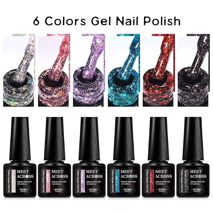 MEET ACROSS Gel Nail Polish Set 6 Pcs Glitter Colors Gel Nail Kit Art Design Soak Off UV LED (SET-3, 6pcs)