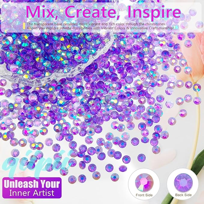 Transparent Purple AB 3 Color Jelly Resin Rhinestones Bulk 3mm 4mm 5mm 6mm Flatback Stones for Crafting Colorful Gems Diamonds Charms for Nails Eyes Face Makeup Crafts Tumblers Bottles Shoes