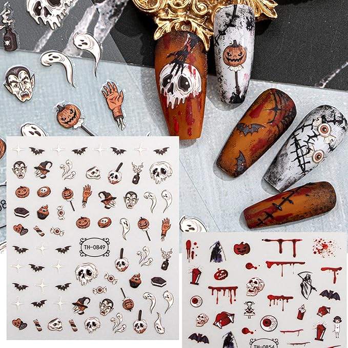Halloween Nail Stickers - Halloween Nail Decals,3D Self-Adhesive Ghost Skull Elements Nail Art Decals Holiday Nail Stickers for Women Grils (6 Sheets)