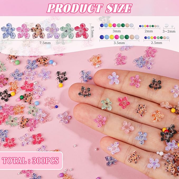 300Pcs Flower Nail Charms Kit, 100Pcs 3D Jelly Mini Hawaii Flowers Charms and 100Pcs Nail Pearls with 100Pcs Macaron Beads, Colorful Hibiscus Floral Tiny Gems Round Beads for Nails Design