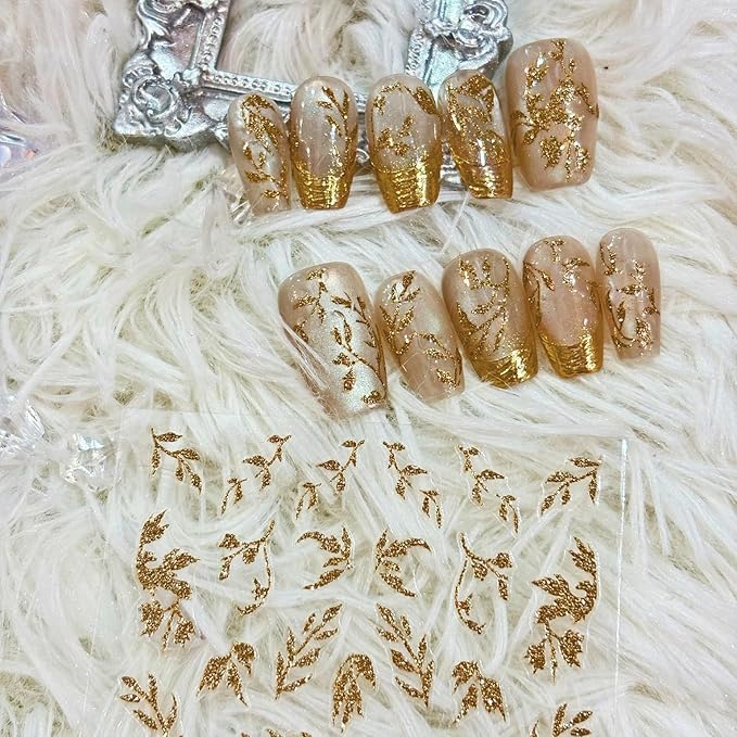 New Chinese Style Nail Stickers - Gold Foil Glitter Golden Branches Jade Leaves Design, Self-Adhesive Nail Art Decals A Set of 1 Sheets