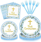 96 Pieces First Communion Floral Tableware Set – Blue Floral Cross Disposable by GistomeHome