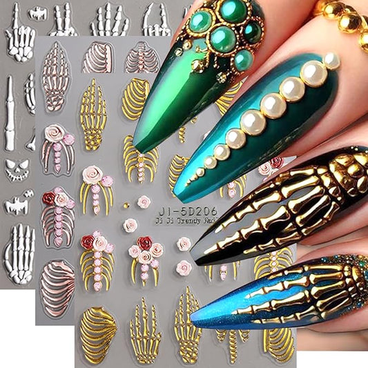 3Sheets Halloween Nail Art Stickers 5D Embossed Skeleton Nail Decals with Rose Flower Design Nail Stickers Self-Adhesive Skull Hand Bones Nail Decal Gothic Nail Sticker for Women DIY Nails Decoration
