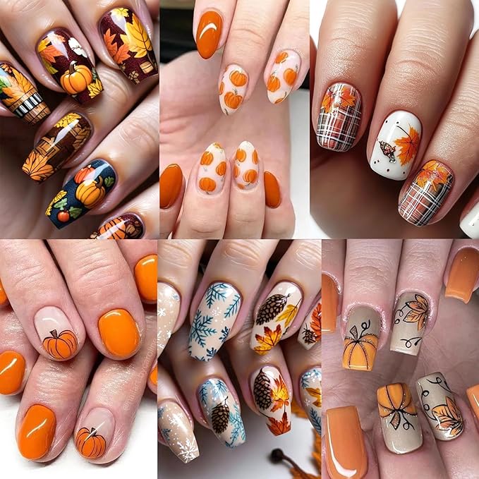 6 Sheets Fall Nail Stickers for Nail Art Autumn Maple Leaf Nail Art Stickers Pine Cones Flower Leaves Pumpkin Nail Decals 3D Self-Adhesive Holiday Nail Sticker for Women Thanksgiving Nails Designs