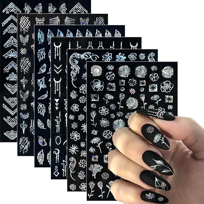 10 Sheets Flower Nail Stickers Silver 3D Self-Adhesive Leaf Art Designs Holographic Laser Manicure Accessories, Style6