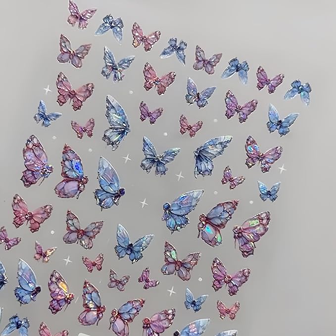 2 Sheets Butterfly Nail Art Stickers 5D Embossed Pink Butterfly Nail Decals Glitter Aurora Butterfly Nail Pattern Self-Adhesive Nail Art Stickers DIY Nail Decoration